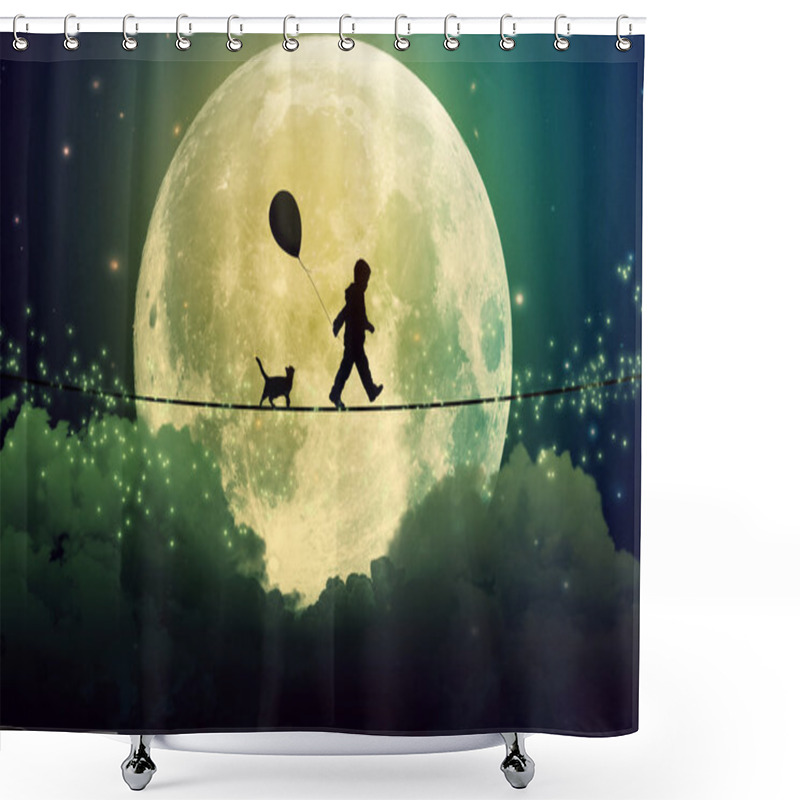 Personality  Teenager And Cat Walking With Balloon On Tight Rope Above Clouds Shower Curtains