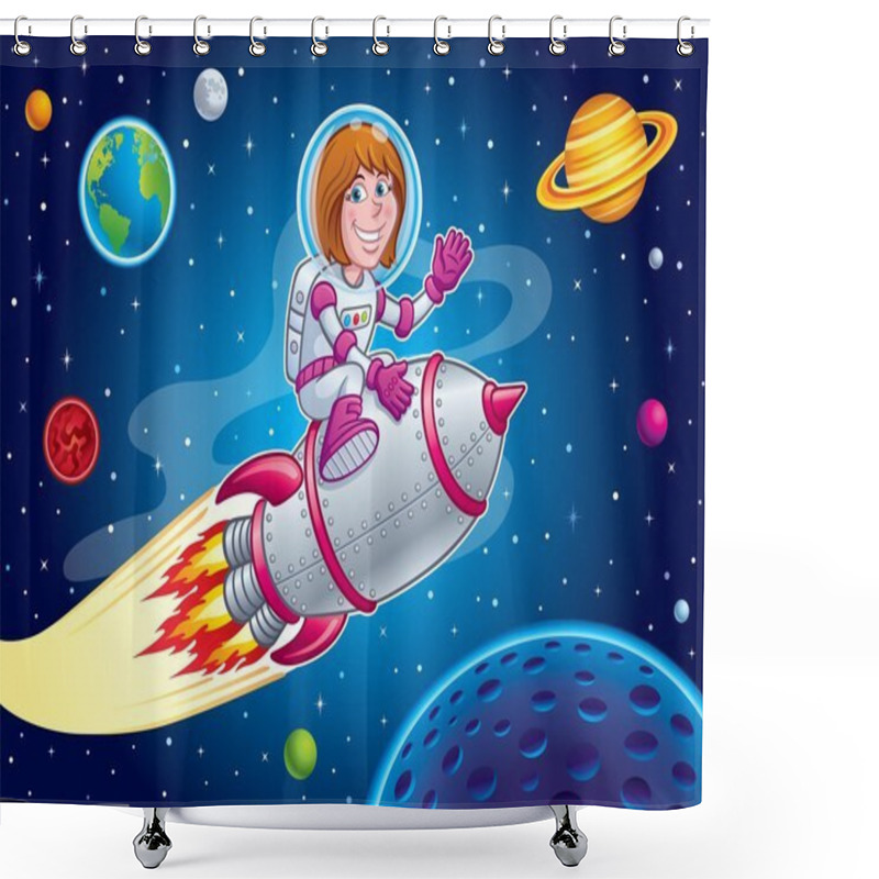 Personality  Space Girl Riding On Top Of A Rocket Ship Shower Curtains