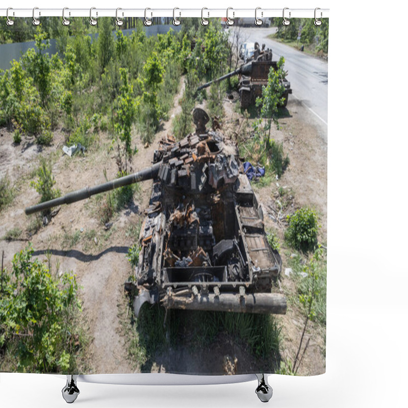 Personality  This Stock Photo Shows An Aerial View Of Destroyed Military Equipment In Ukraine Shower Curtains