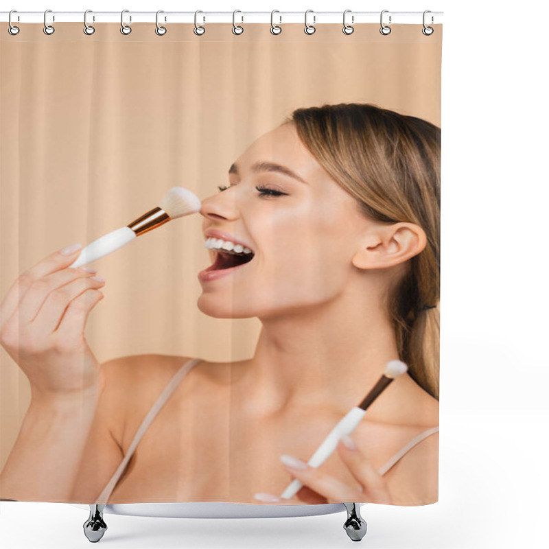 Personality  Excited Woman Powdering Nose With Cosmetic Brush Isolated On Beige Shower Curtains