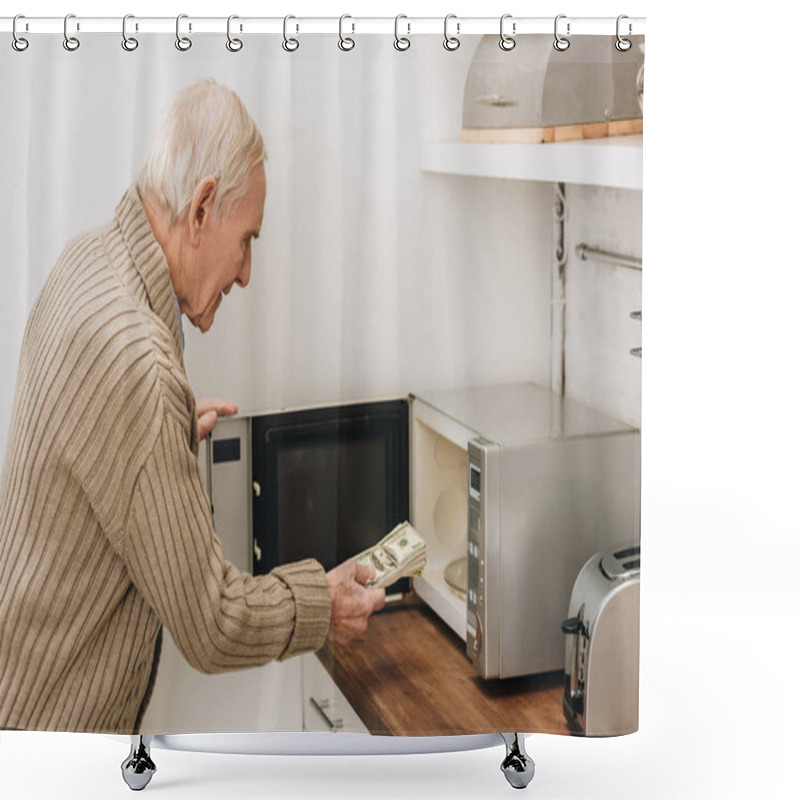 Personality  Senior Man With Dementia Disease Putting Dollars In Microwave Oven  Shower Curtains