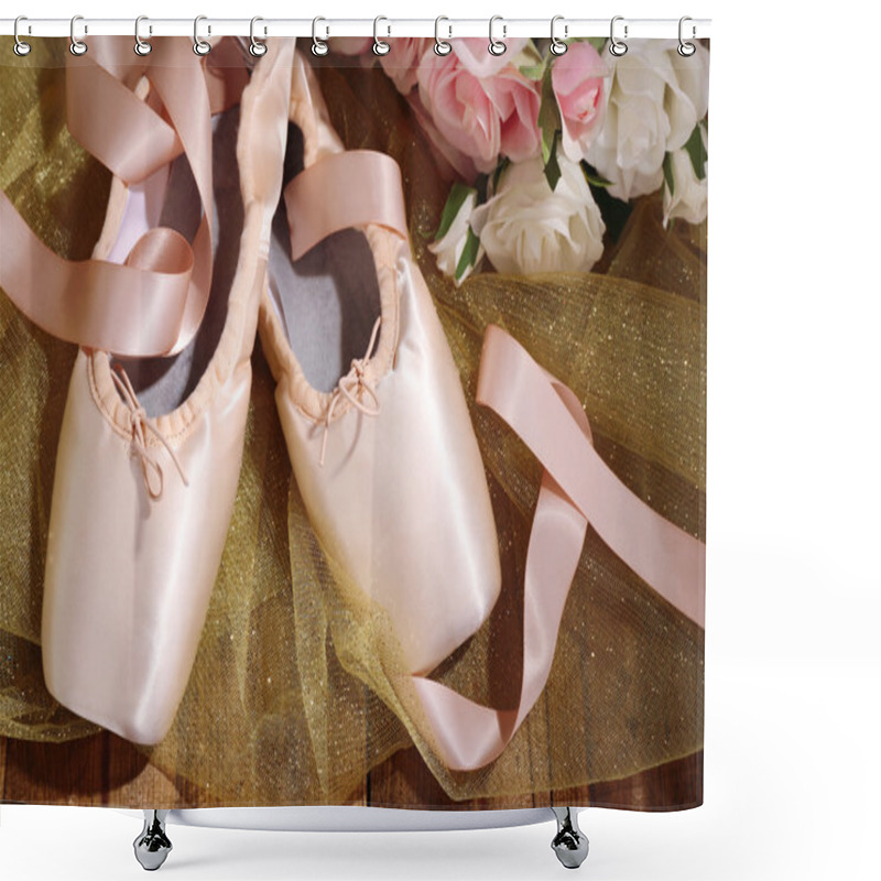 Personality  Ballet Pointe Shoes On Wooden Background Shower Curtains