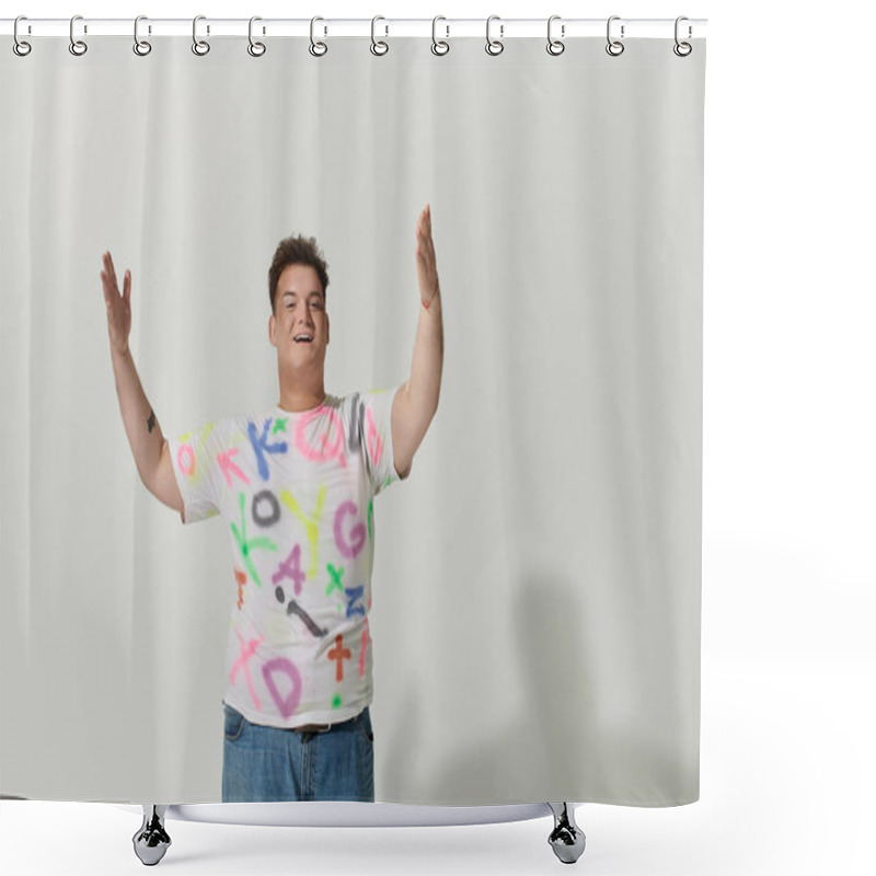 Personality  Queer Person With Short Brown Hair, Big Smile, White T-shirt With Colorful Letters, Arms Raised In Joy Shower Curtains