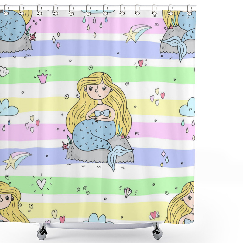 Personality  Seamless Pattern With Hand Drawn Vector Little Mermaid Shower Curtains