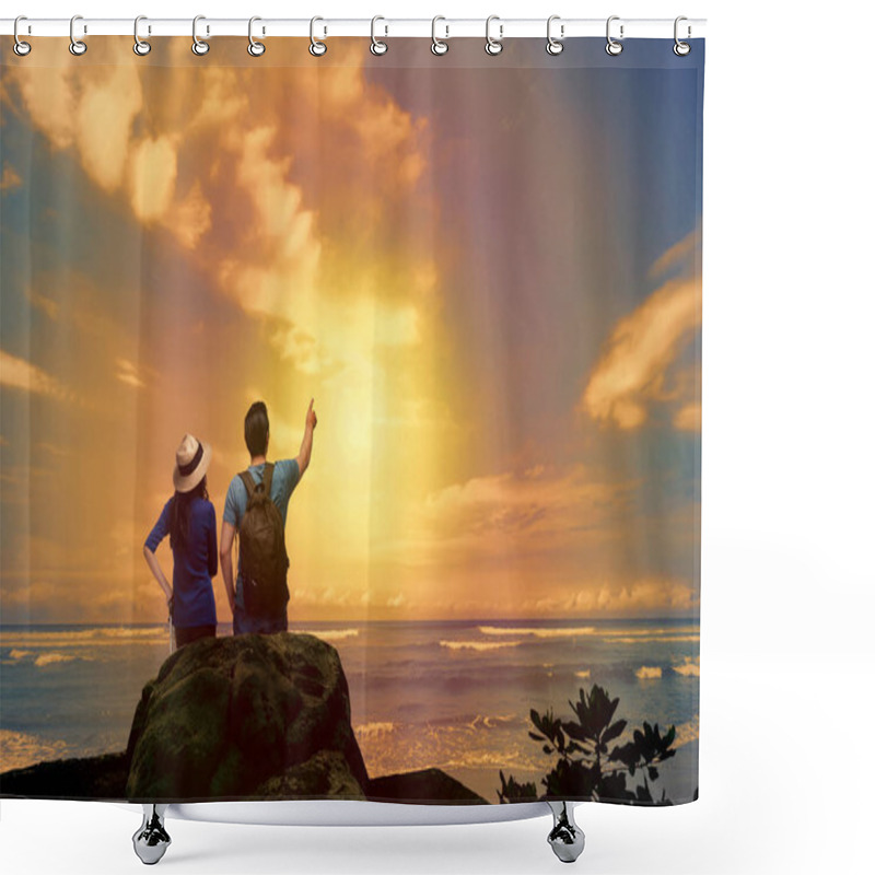 Personality  Couple Looking At Sunset Panorama From Beach  Shower Curtains