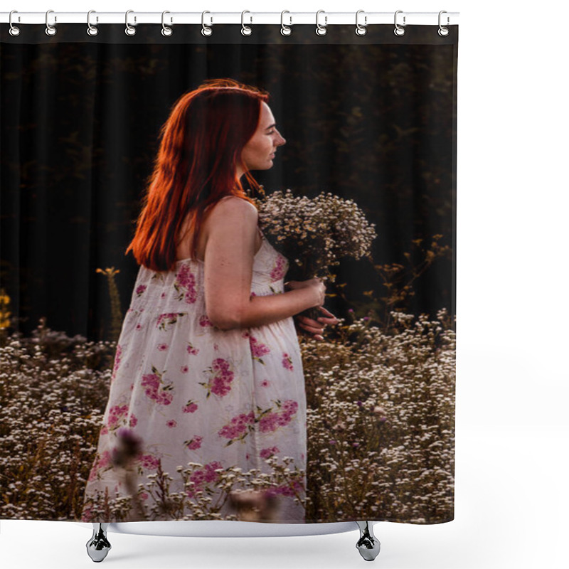 Personality  A Red-haired Girl Stands In A Daisy Field, Holding A Bouquet And Gazing Thoughtfully To The Side. A Serene Summer Moment Blending Natural Beauty And Peaceful Reflection Shower Curtains