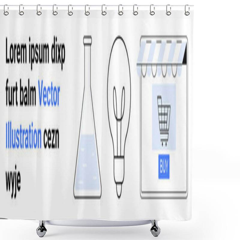 Personality  Laboratory Flask With Liquid, Glowing Light Bulb, And E-commerce Storefront With Cart Button Highlight Science, Innovation, And Commerce. Ideal For Education, Creativity, Research, Business Shower Curtains