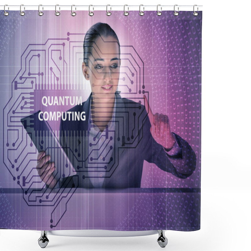 Personality  Businesswoman Pressing Virtual Button In Quantum Computing Concept Shower Curtains