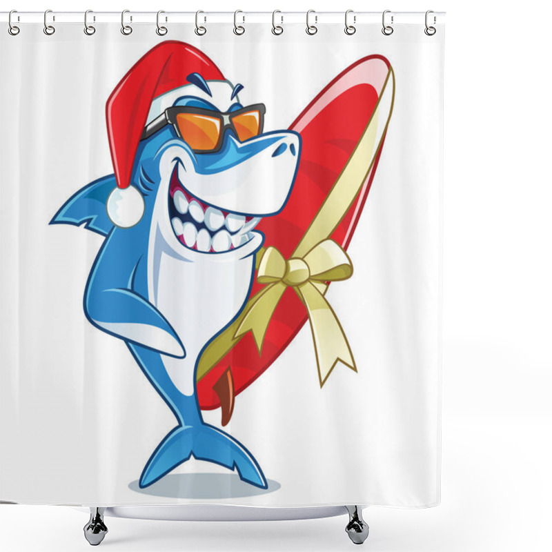 Personality  Smiling Shark With Santa Hat Holding Surfboard With Golden Ribbon Shower Curtains