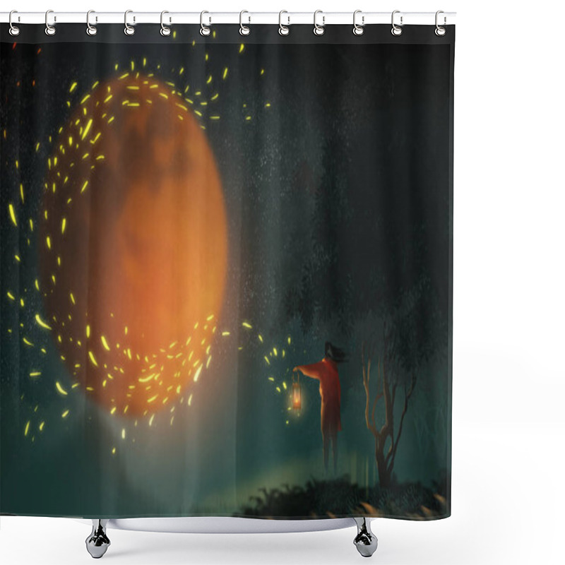 Personality  Digital Illustration Art Painting Style A Long Hair Beautiful Woman Holding Lamp And Standing On The Hill, The Big Red Moon And Strong Wind To The Lamp Have Many Fire Dust In Midnight Sky. Shower Curtains