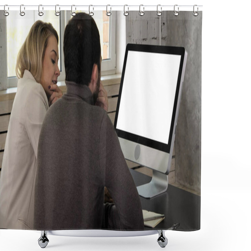 Personality  Businesspeople Co-working Comparing A Desktop Computer Information At Office. White Display. Shower Curtains