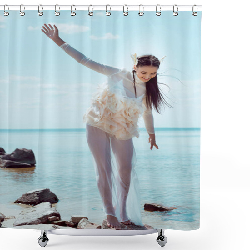 Personality  Happy Brunette Woman In White Swan Costume Standing On Rock Near River Shower Curtains