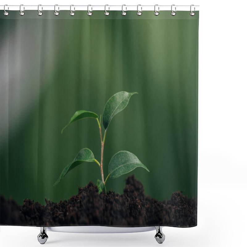 Personality  Close Up Of Young Green Plant In Ground On Blurred Background, Earth Day Concept Shower Curtains