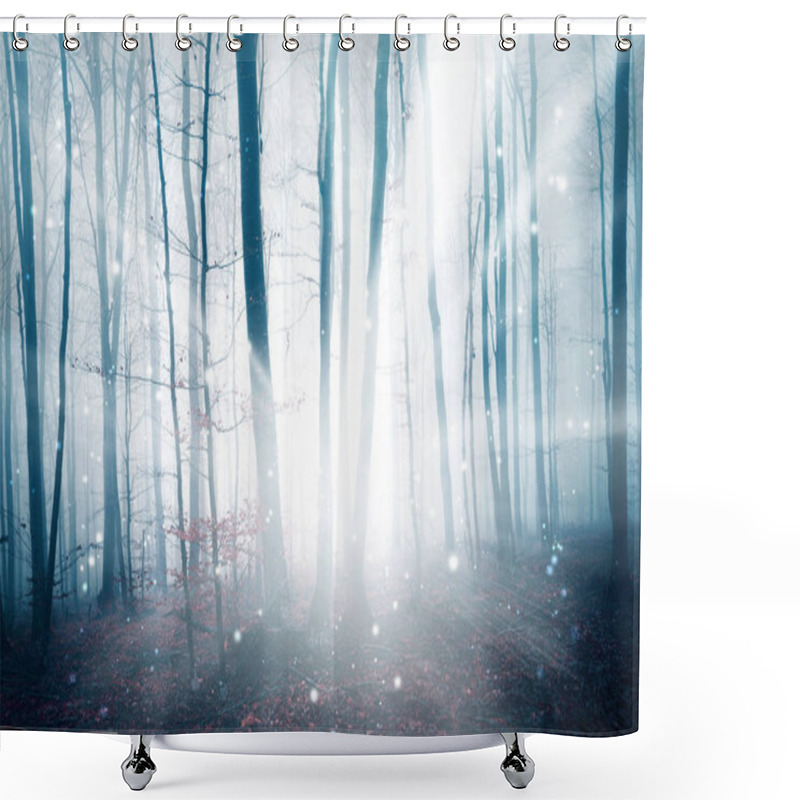 Personality  Fantasy Ray Of Light In The Foggy Forest Landscape With Abstract Fireflies Bokeh. Color Filter Effect Used. Shower Curtains