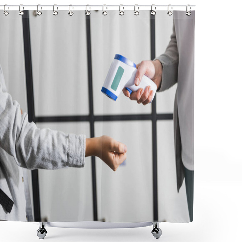 Personality  Cropped View Of Teacher Using Infrared Thermometer On Schoolboy In Corridor  Shower Curtains