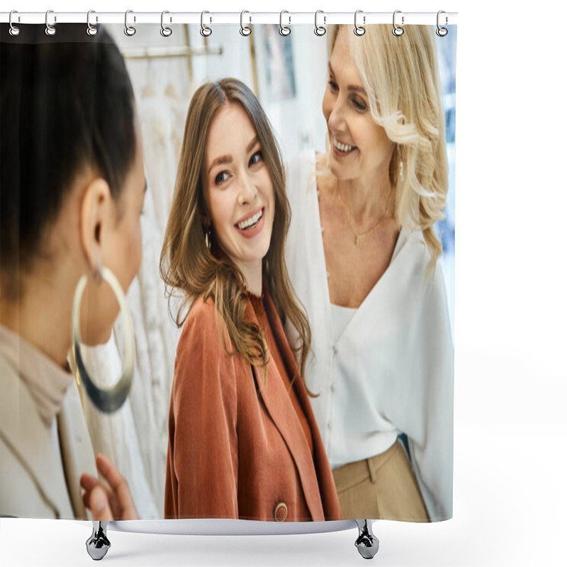 Personality  A Young Bride, Her Mother, And Best Friend Browse Through Items In A Store, Discussing Wedding Plans And Making Decisions Together. Shower Curtains