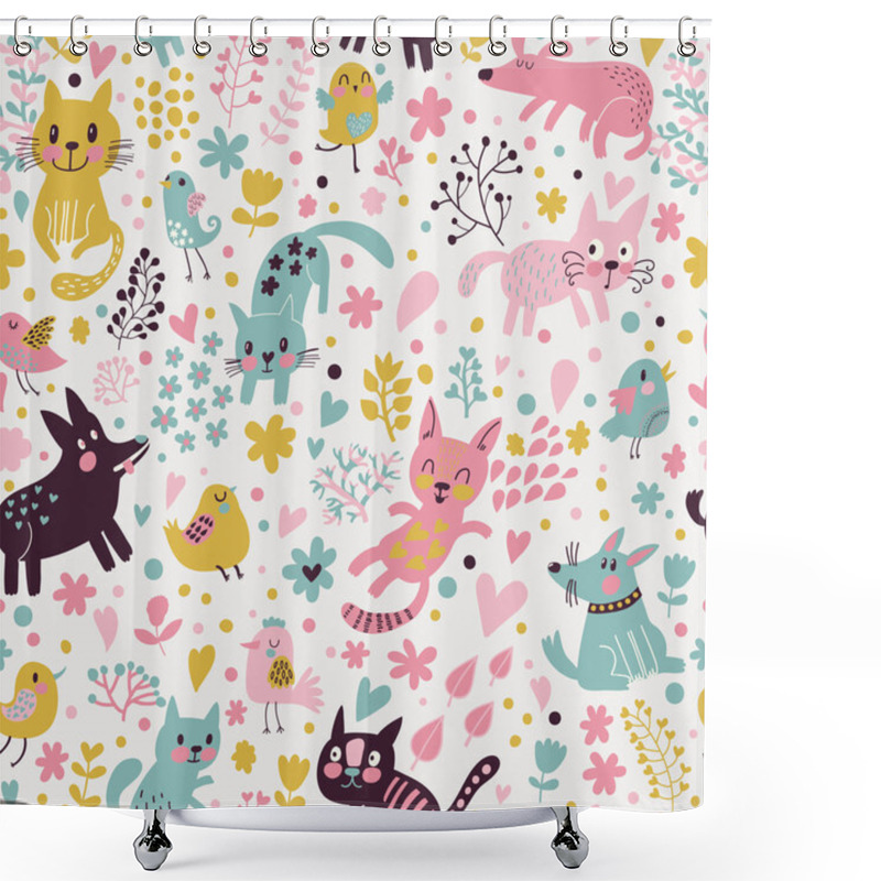 Personality  Bright Childish Seamless Pattern With Birds, Cats And Funny Dogs Shower Curtains