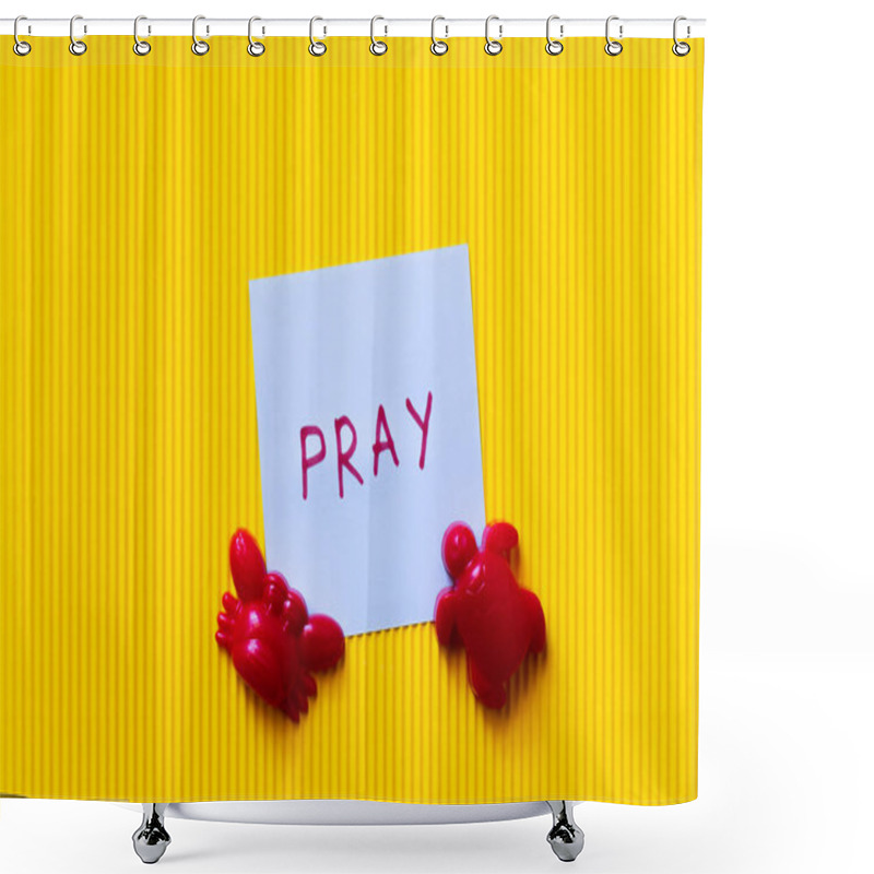 Personality  Top View Of Card With Pray Lettering Near Red Crab And Turtle Toys On Yellow Background Shower Curtains