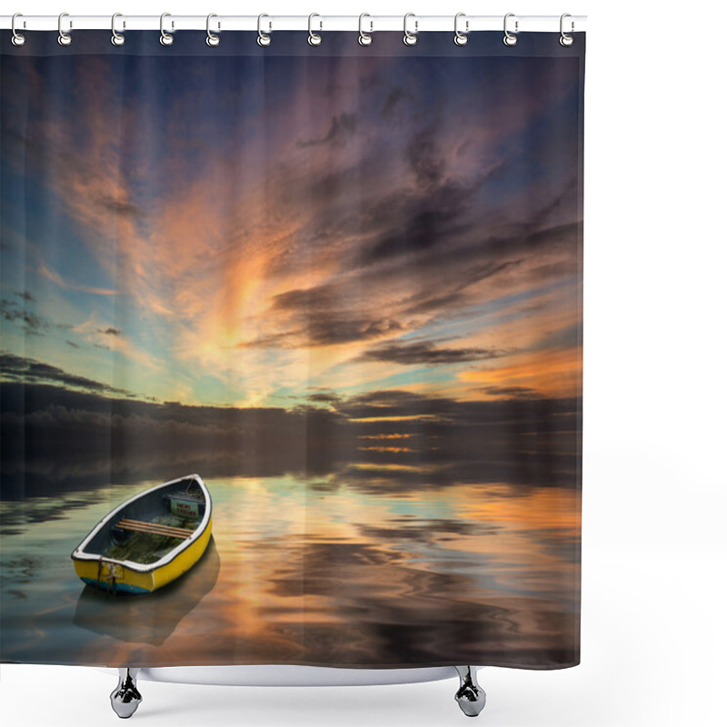 Personality  Beautiful Vibrant Blue And Pink Winter Sky With Single Boat Floa Shower Curtains