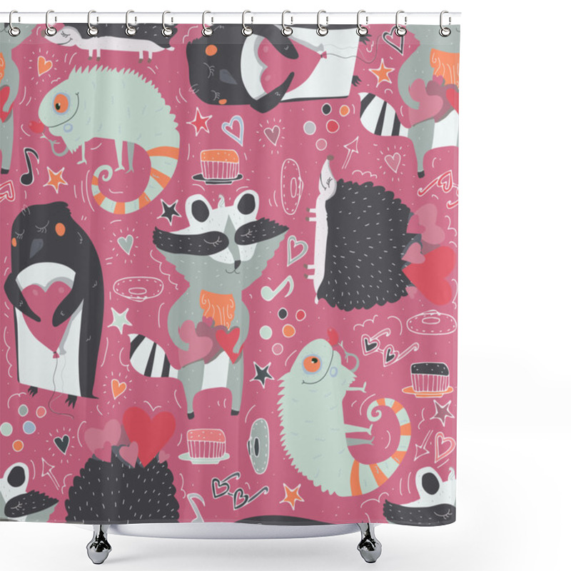 Personality  Seamless Vector Pattern With Cute Animals Such As Raccoon, Iguana And Hedgehog And Penguin With Hearts, Decorated With Doodle Stars, Hearts And Hand Drawn Decor. Cute Illustration On Vivid Pink Shower Curtains