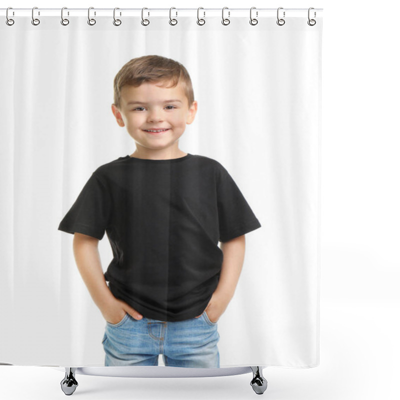 Personality  Little Boy In T-shirt On White Background. Mockup For Design Shower Curtains