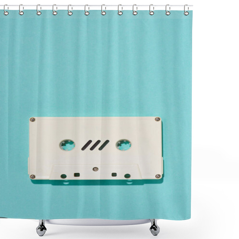 Personality  Top View Of White Retro Audio Cassette Isolated On Blue Shower Curtains