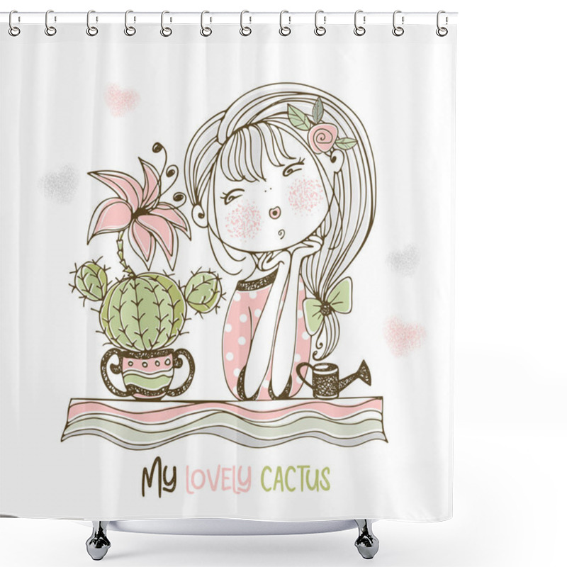 Personality  A Sweet Girl Admires A Blooming Cactus. Vector. Shower Curtains