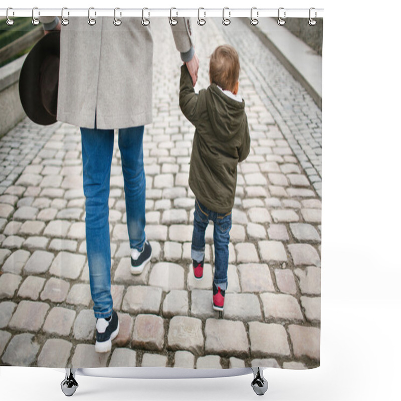 Personality  Young Baby Son Taking Steps With Father Outdoors Shower Curtains