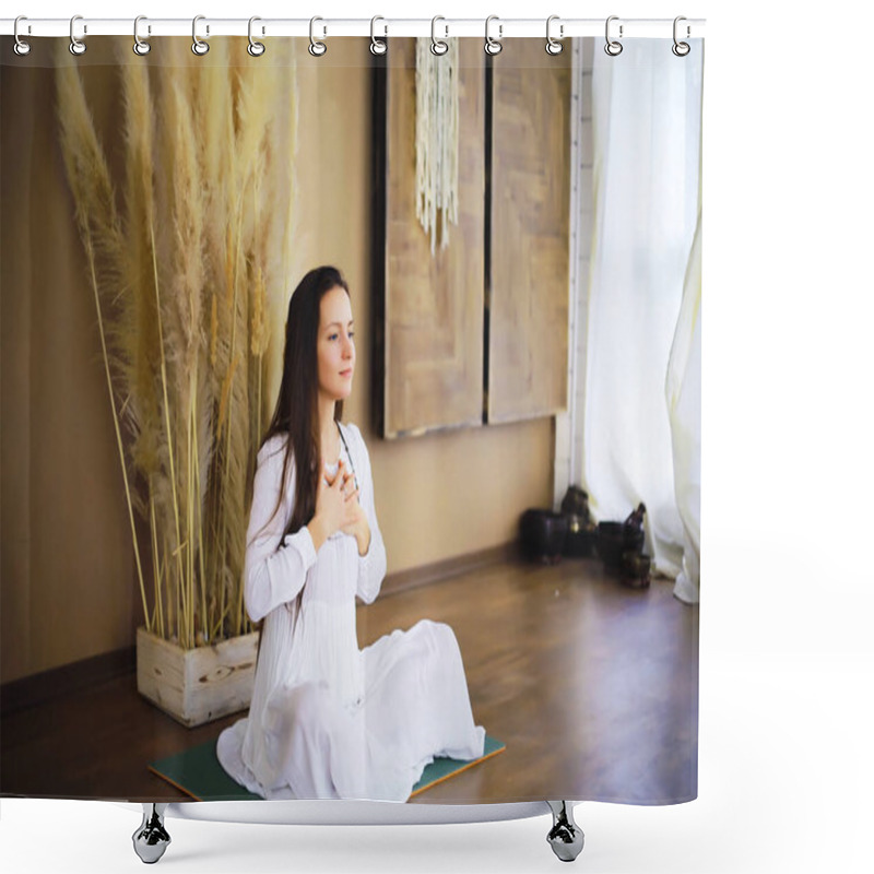 Personality  Beautiful Athletic Girl Doing Yoga Exercises Enjoy Meditation At Home. No Stress, Healthy Habit, Anxiety Relief Concept. Lotus. Shower Curtains