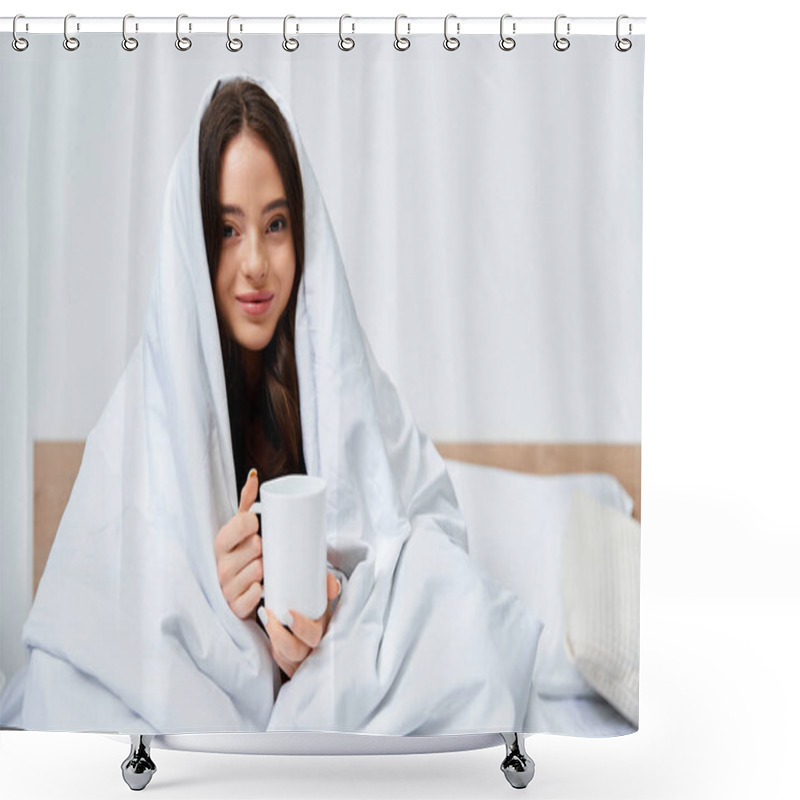 Personality  A Beautiful Young Woman Enjoys A Warm Drink While Snuggled In A Soft Blanket In Her Cozy Bedroom. Shower Curtains