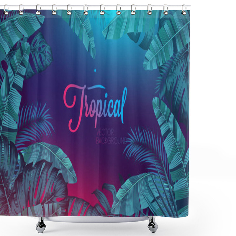 Personality  Red Blue Neon Light, Trendy Background With Tropical Vector Plant And Leaf Shower Curtains