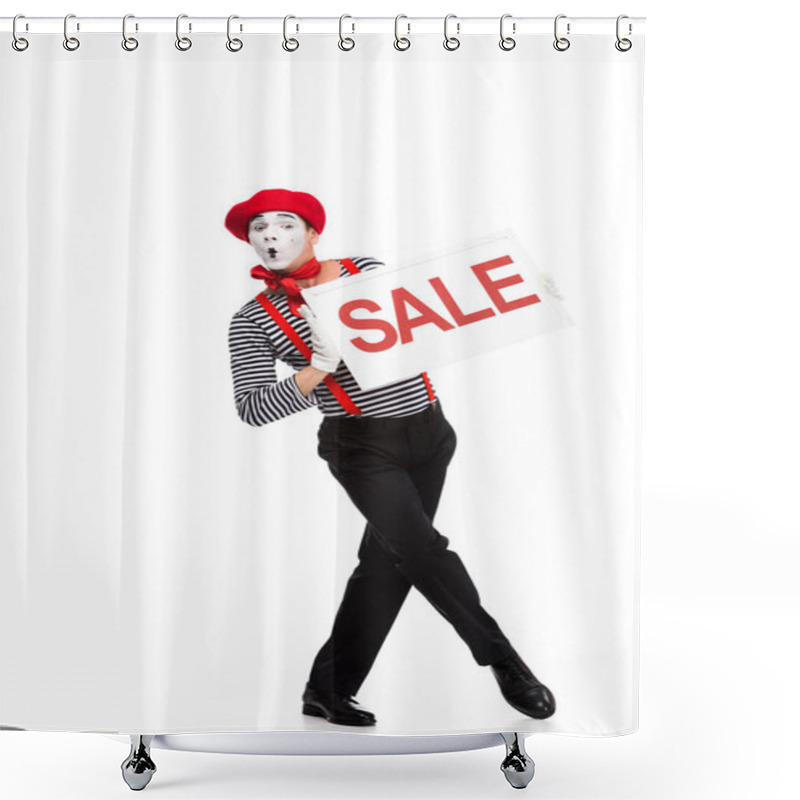 Personality  Grimacing Mime Holding Sale Signboard Isolated On White Shower Curtains