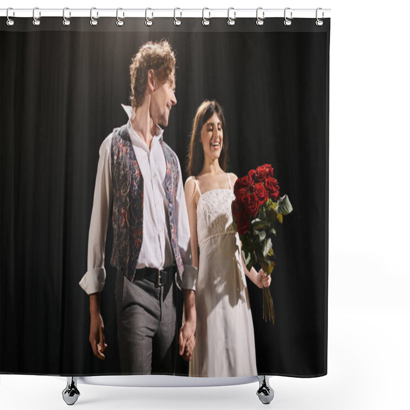 Personality  A Handsome Man And A Beautiful Woman Walk Together In Sync. Shower Curtains