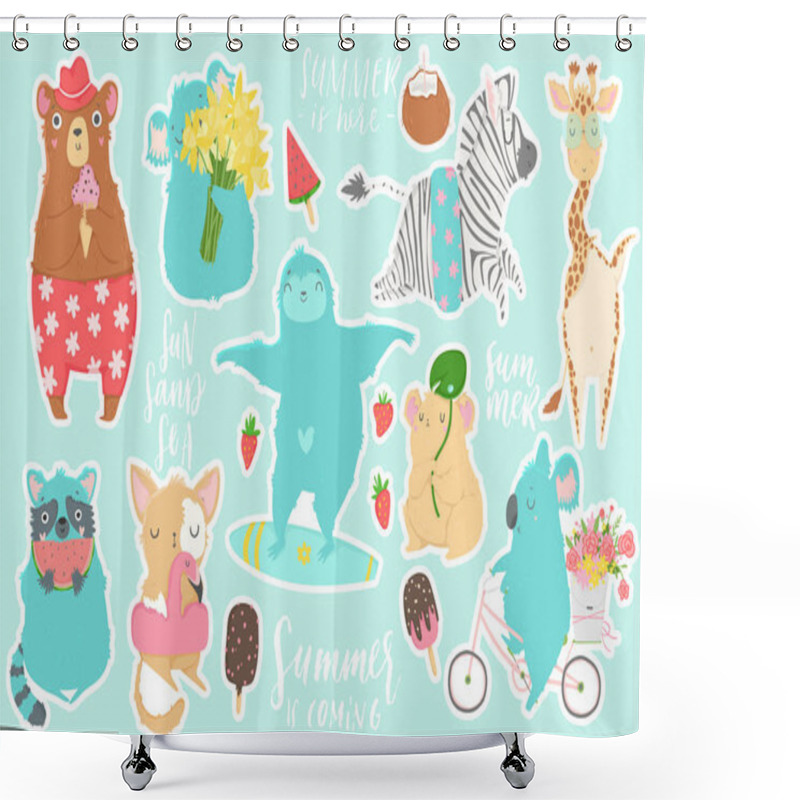 Personality  Cute Animals Characters Isolated Illustrations In Cartoon Hand Drawn Style For Children. Summer Set - Calligraphy, Animals, Ice Cream And Other Elements. Vector Collection.  Shower Curtains