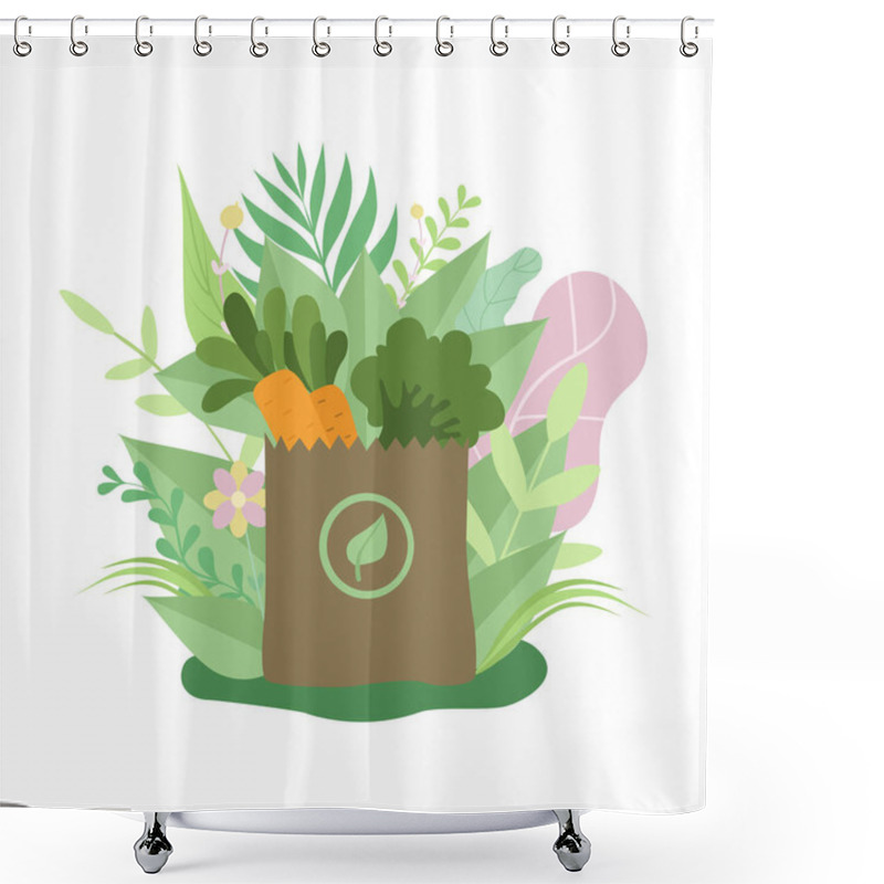 Personality  Paper Bag With Healthy Food, Eco Friendly Packaging Surrounded By Green Grass And Flowers Vector Illustration Shower Curtains