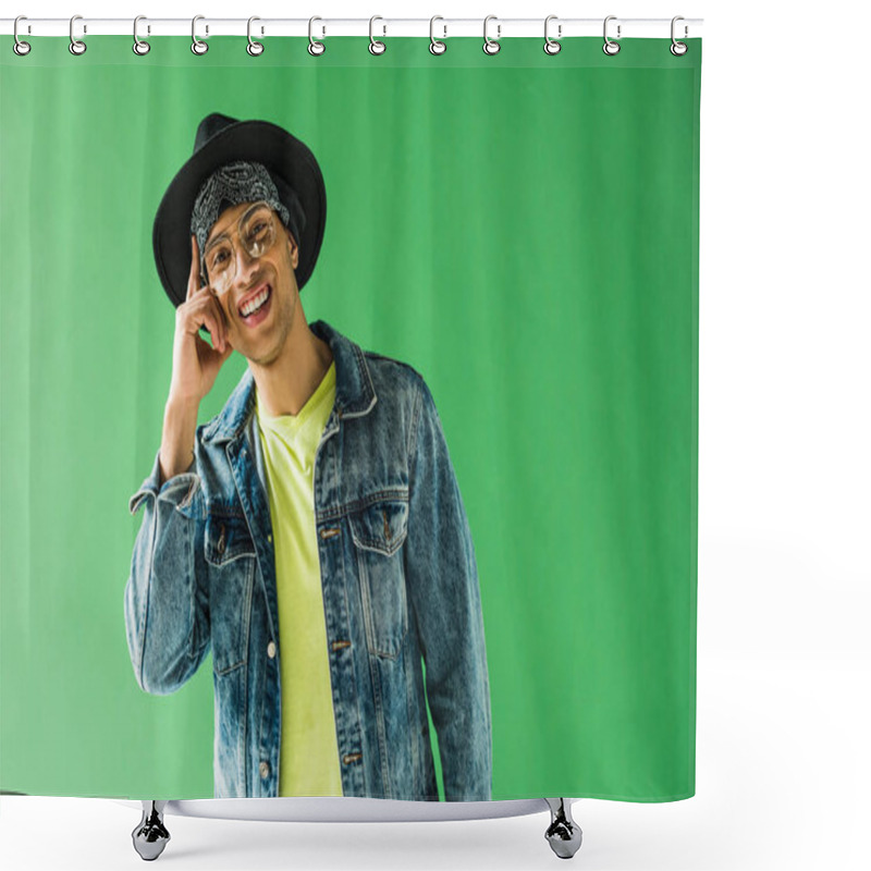 Personality  Stylish Mixed Race Man Looking At Camera, Smiling And Showing Idea Gesture On Green Screen Shower Curtains