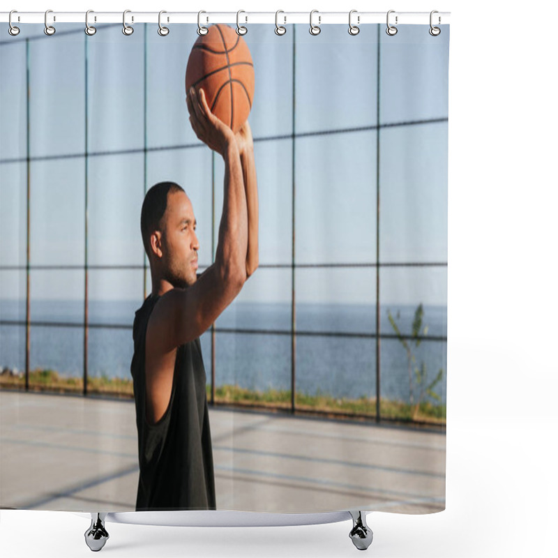 Personality  Pportrait Of A Concentrated Afro American Sports Man Playing Basketball Shower Curtains