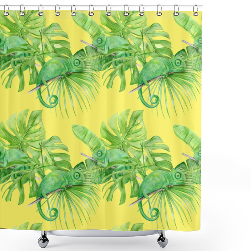 Personality  Watercolor Illustration Seamless Pattern Of Tropical Leaves And Chameleon. Perfect As Background Texture, Wrapping Paper, Textile Or Wallpaper Design. Hand Drawn Shower Curtains