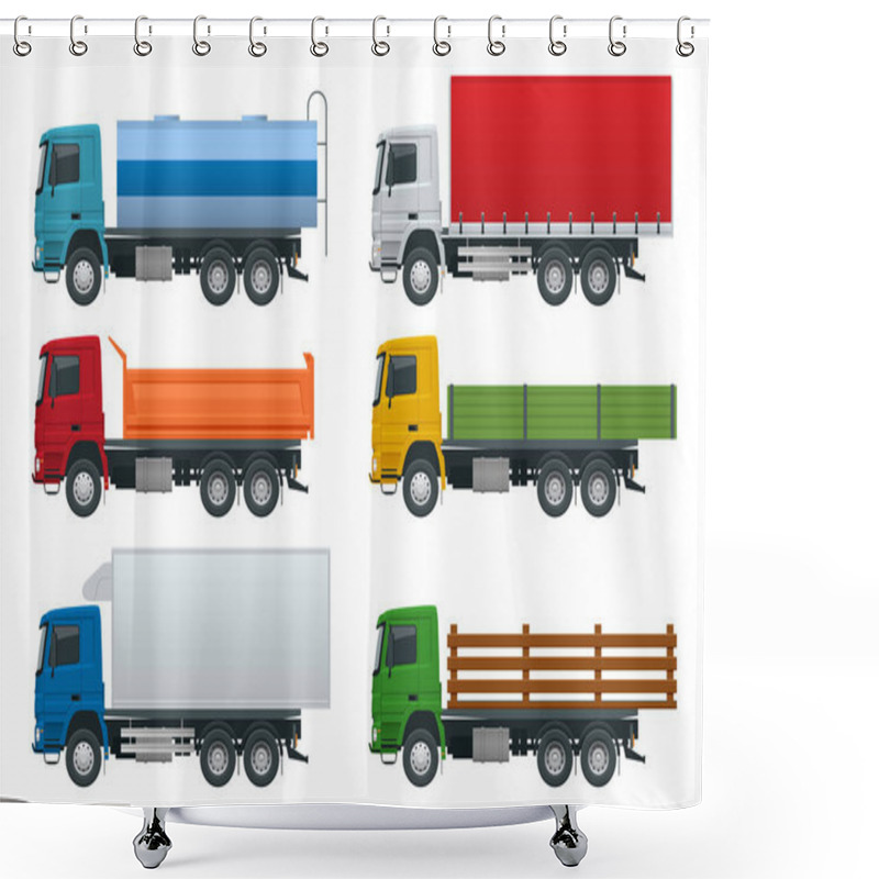 Personality  Flat Trucks Set Isolated Realistic Vehicles On White Background. Petroleum Tanker, Dump Truck, Refrigerator Truck Logistics, Land Transport, Delivery Side View Shower Curtains