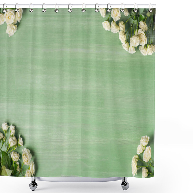 Personality  Elevated View Of White Roses Bouquets On Green Background  Shower Curtains