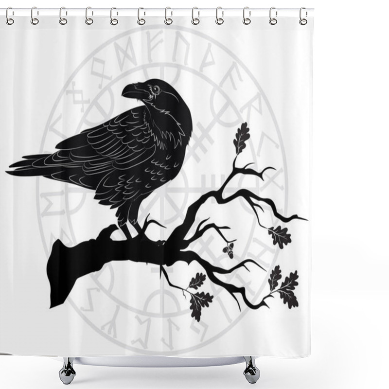 Personality  Black Crow Sitting On A Branch Of An Oak Tree, And Scandinavian Runes, Isolated On White, Vector Illustration Shower Curtains