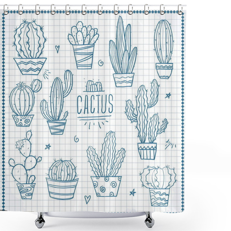 Personality  Black And White Drawing, Sketch, Doodle. Cactus, Houseplants, Flowers, Succulents In Pots On A White Background Shower Curtains