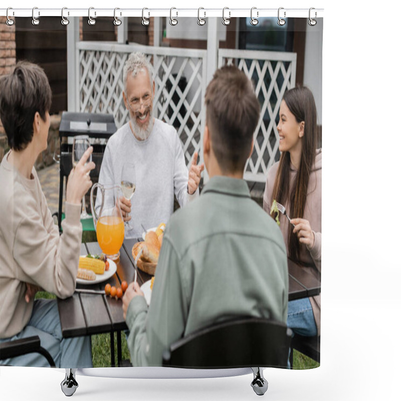 Personality  Cheerful Middle Aged Man Looking At Adult Son During Family Bbq Party, Sitting On Backyard Of Summer House, Spending Time Together, Eating Grilled Bbq Food, Happy Parents Day Concept  Shower Curtains