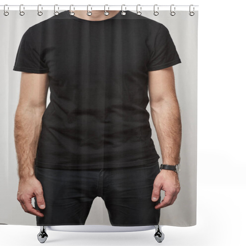 Personality  Partial View Of Man In Black T-shirt With Copy Space Isolated On Grey  Shower Curtains