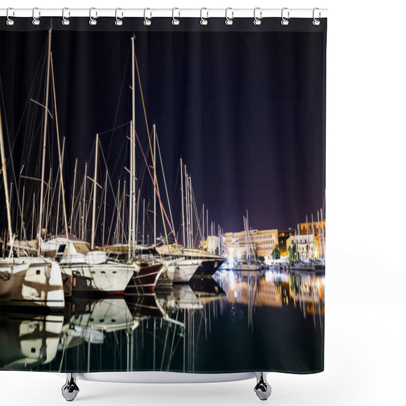 Personality  Moored Boats And Yachts At Night In A Harbor In Palermo, Sicily Shower Curtains