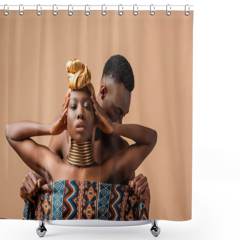 Personality  Sexy Naked Tribal Afro Woman Covered In Blanket Posing Near Man Isolated On Beige Shower Curtains