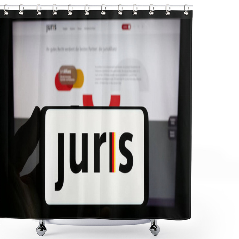 Personality  Stuttgart, Germany - 07-15-2023: Person Holding Smartphone With Logo Of German Legal Information Prodiver Juris GmbH On Screen In Front Of Website. Focus On Phone Display. Shower Curtains