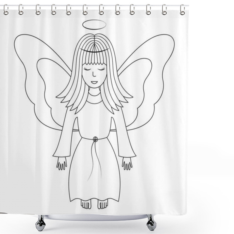 Personality  Angel With Wings. Sketch. Vector Illustration. A Girl With A Halo Over Her Head. The Fairy Lady Closed Her Eyes. The Little Sorceress Is Flying. Coloring Book For Children. Outline On Isolated Background. Doodle Style. Festive Print. Light Easter. Shower Curtains