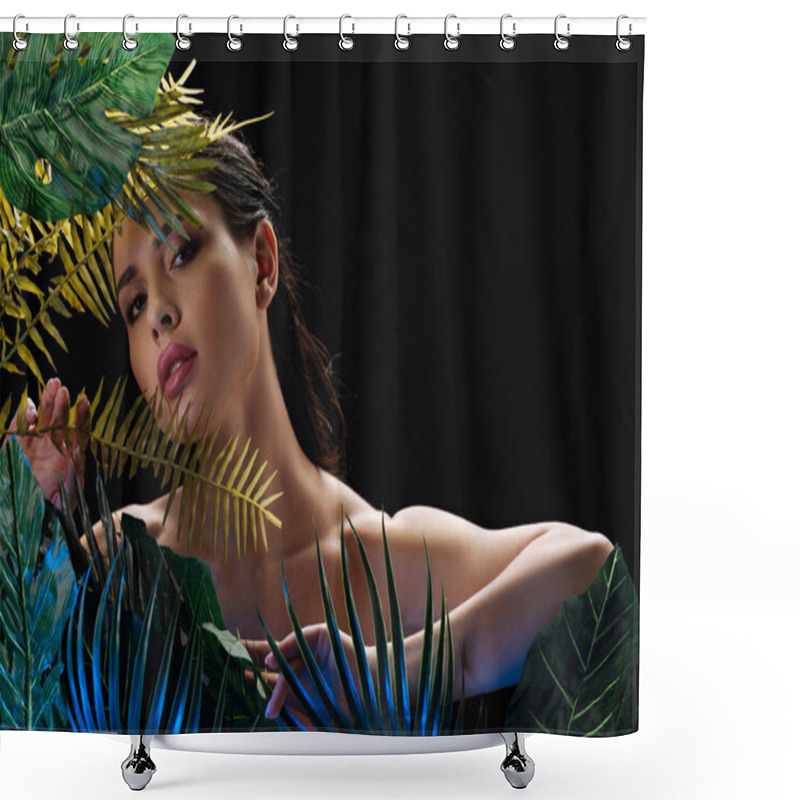 Personality  Attractive Woman Behind Green Leaves Looking At Camera Isolated On Black Shower Curtains