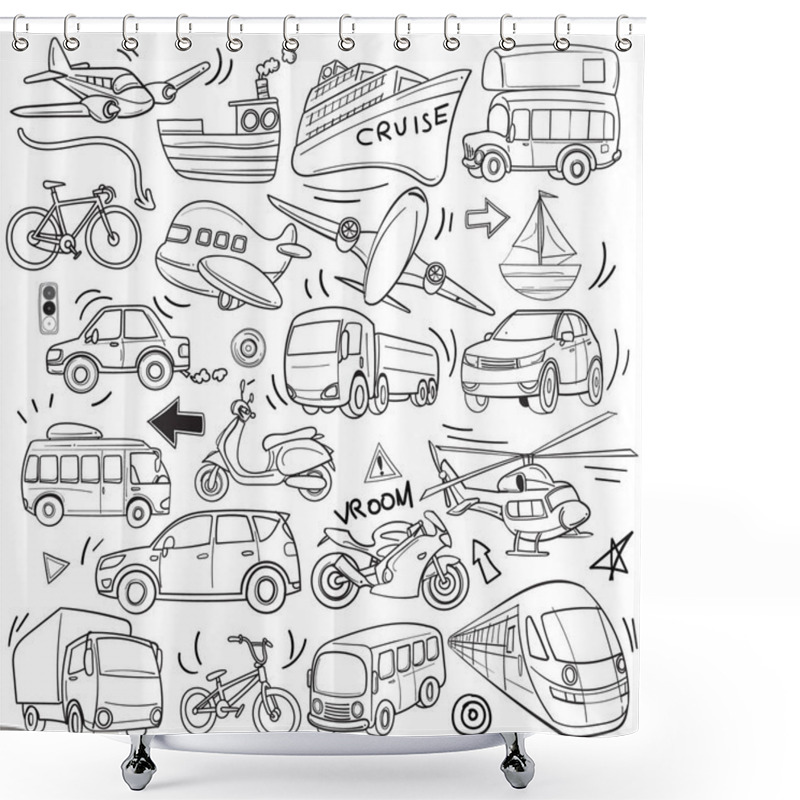 Personality  Transportation Vehicle Theme Graphic Vector Illustration In Simple Black And White Outline Doodle Style Shower Curtains